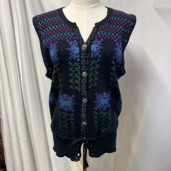 Vintage Cullinane Womens M Sweater Vest Black Floral Lamb's wool blend cottage - Picture 2 of 15